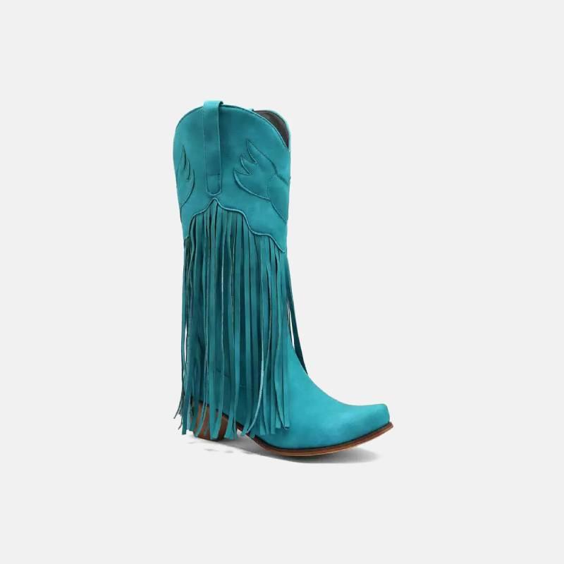 Suede Leather Chunky Heel Mid Calf Tassel Western Boot