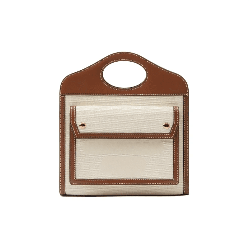 Customizable Brown Leather & Canvas Mini Handbag with Magnetic Closure