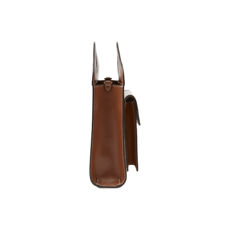 Customizable Brown Leather & Canvas Mini Handbag with Magnetic Closure