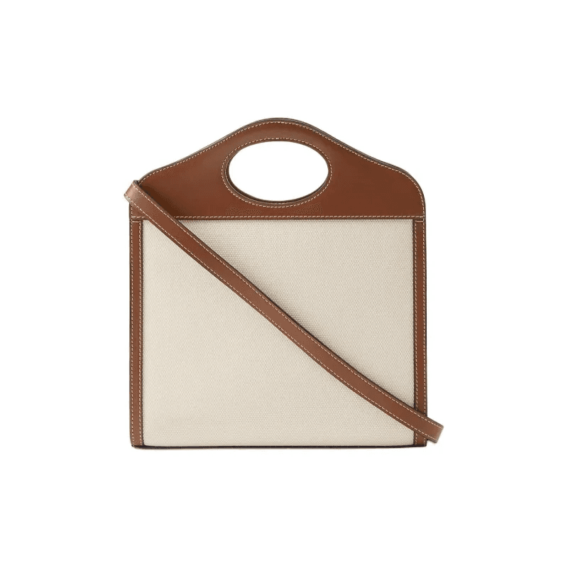 Customizable Brown Leather & Canvas Mini Handbag with Magnetic Closure