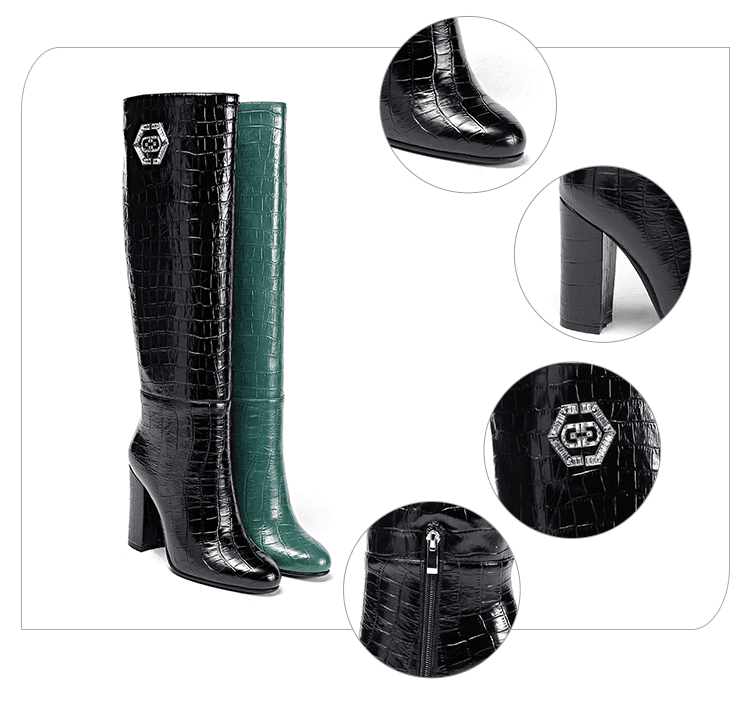 2022 chinese factory black green ladies winter shoes leather high heel long shoes women’s boots with hand-stitched ornament