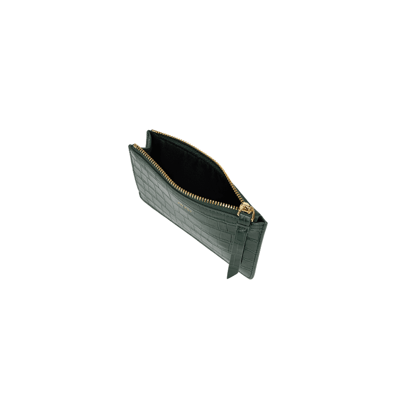OEM ODM Zipped Card Holder Dark Green Croc | Xinzirain Leather Bag Manufacturer Clutch Bag Manufacturer