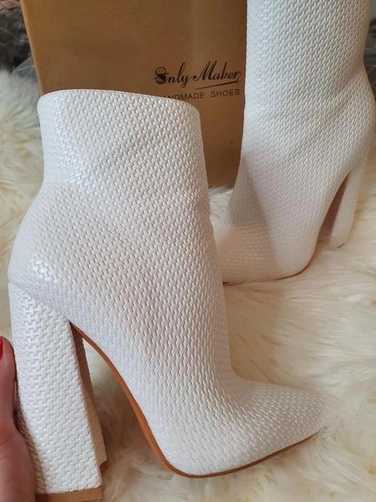 White Woven Pattern Back Zipper square Chunky Heel Ankle Boots