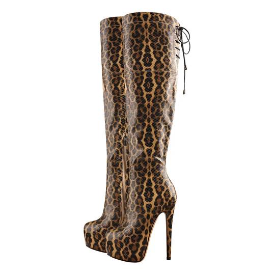 Leopard Snake Scale Round Toe Platform High Heels Over The Knee Boots