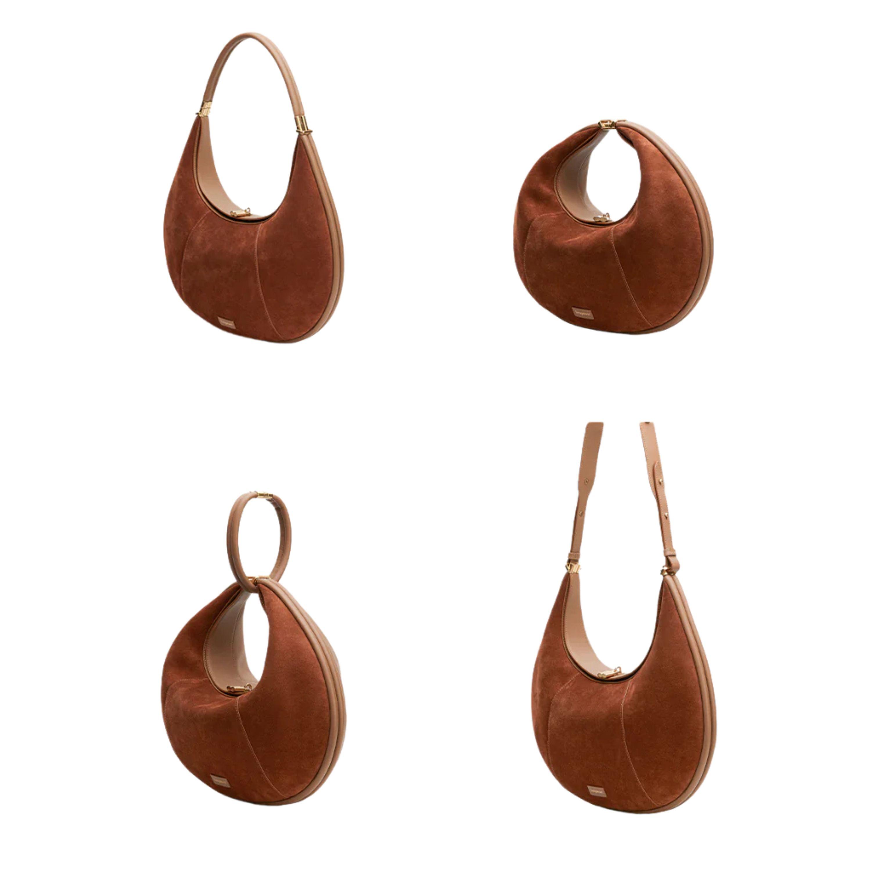 Caramel Moon Bag in Suede, Elegant Design with Gold Accents