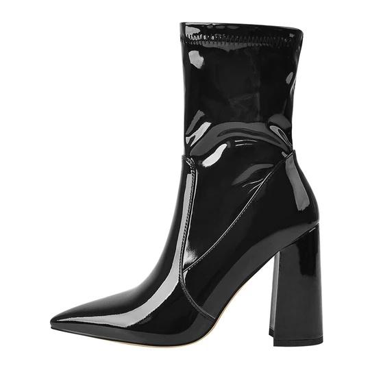 Black Pointed Toe Chunky Heels Ankle Boots