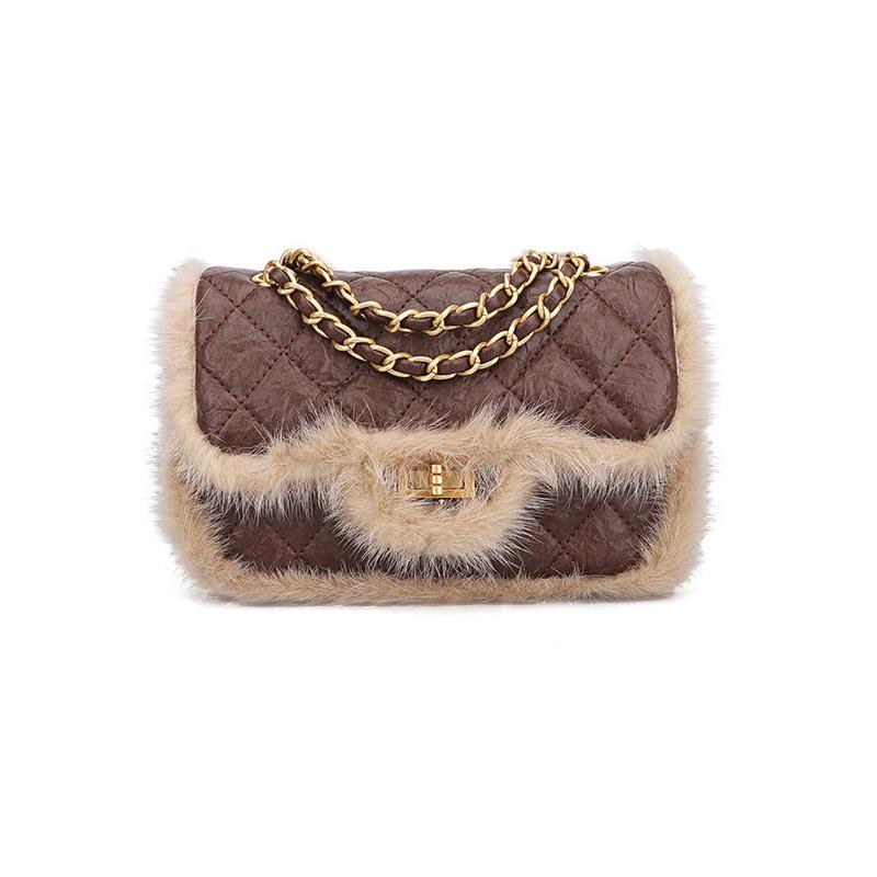 Cross body 2022 Autumn Winter PU Leather Fashion Argyle Shoulder Chain Bag Luxury Messenger Bags Crossbody with Mink Fur