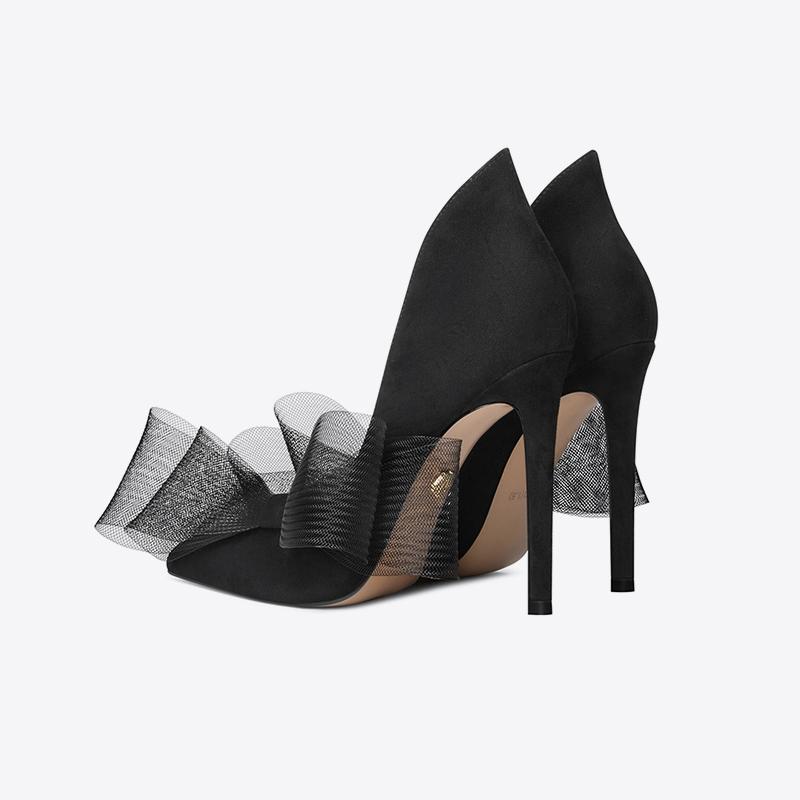 Elegant bowtie design women pump shoes sheepskin suede breathable cozy women’s heels pump