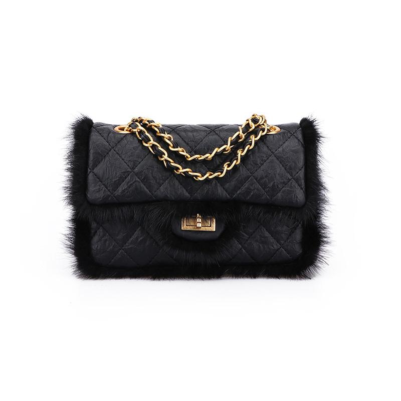 Cross body 2022 Autumn Winter PU Leather Fashion Argyle Shoulder Chain Bag Luxury Messenger Bags Crossbody with Mink Fur