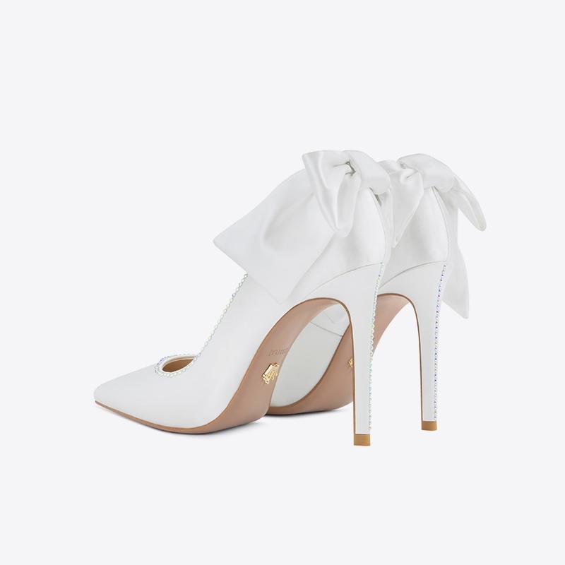 Spring New Gowns White Wedding Dress Bridal Shoes Silk Bow Stiletto Heels
