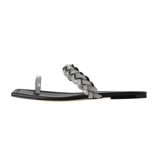 Black Rhinestone Flat Sandals Mules