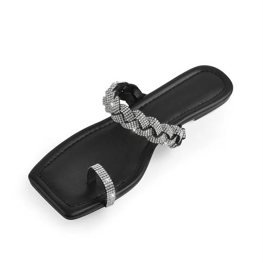 Black Rhinestone Flat Sandals Mules