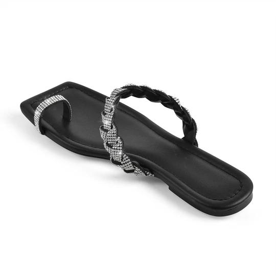 Black Rhinestone Flat Sandals Mules