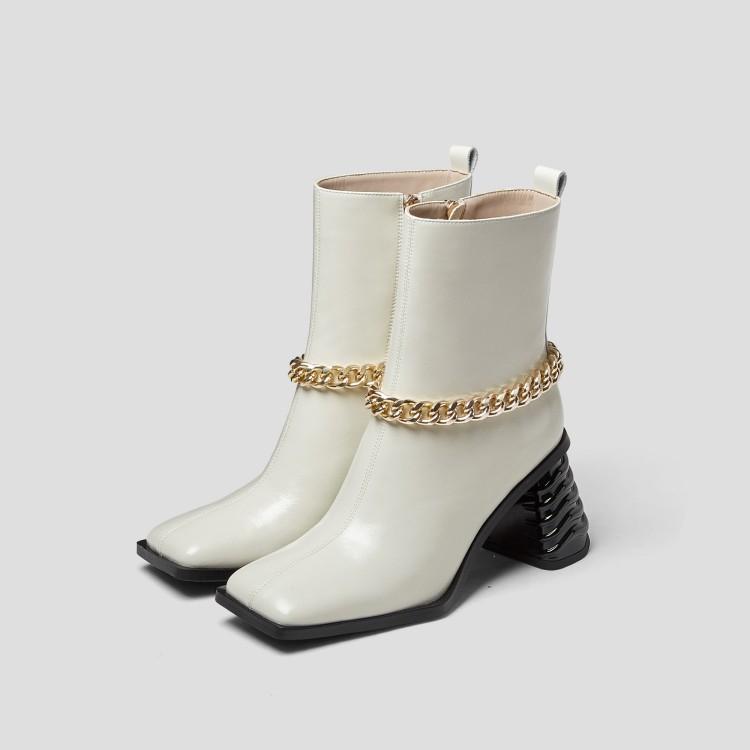 2022 winter autumn Thick heel leather black women metal chain boots