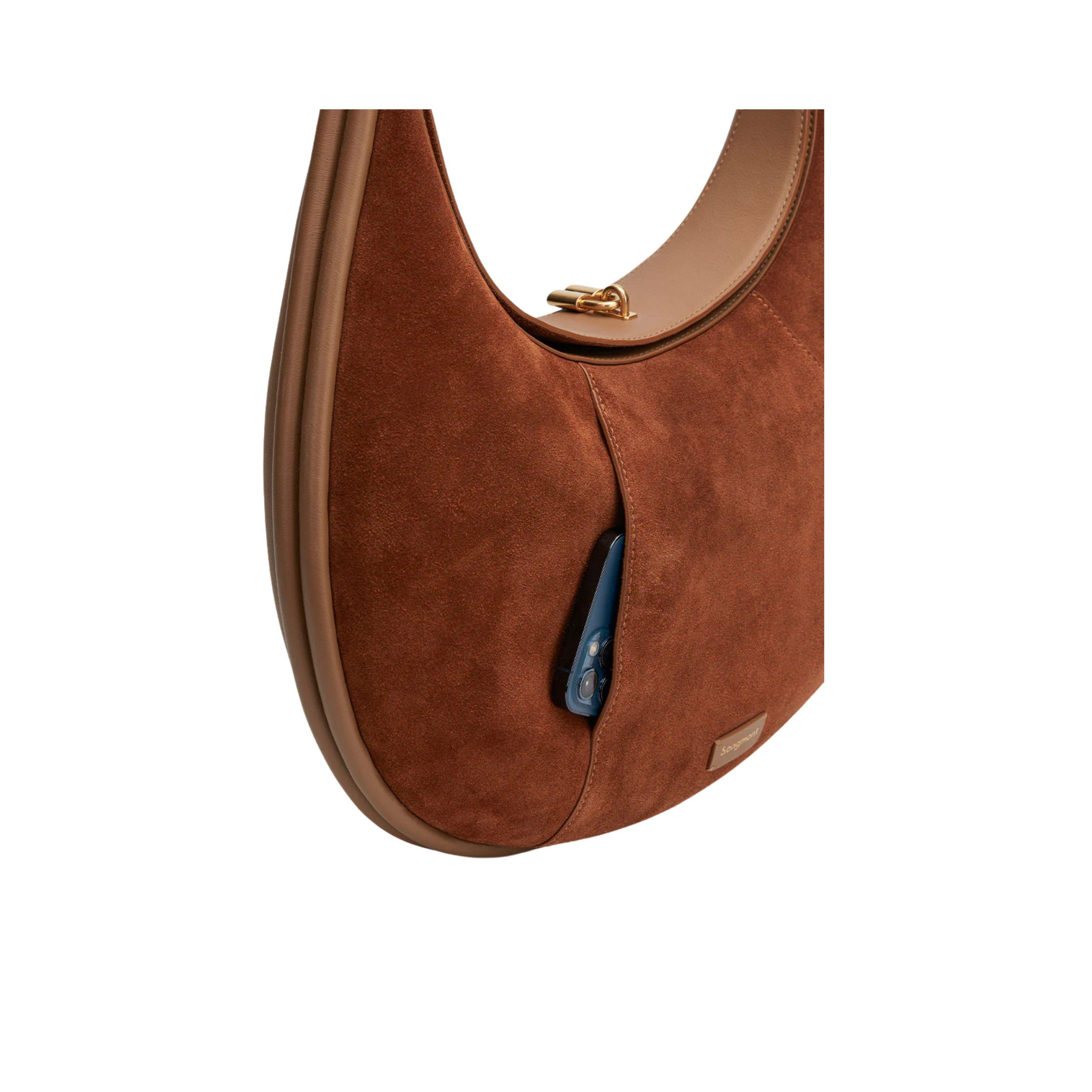 Caramel Moon Bag in Suede, Elegant Design with Gold Accents
