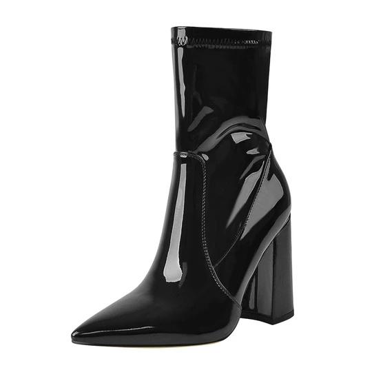 Black Pointed Toe Chunky Heels Ankle Boots