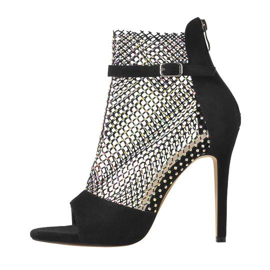 Black Peep Toe Rhinestone Grid High Heel Stiletto ankle boots sandals