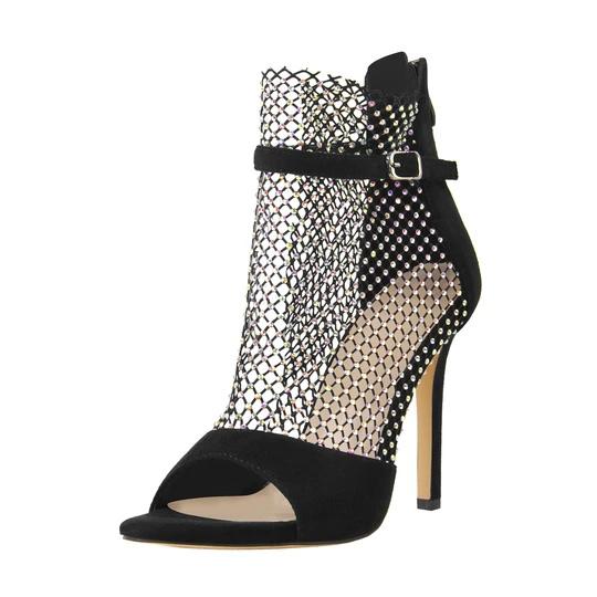 Black Peep Toe Rhinestone Grid High Heel Stiletto ankle boots sandals