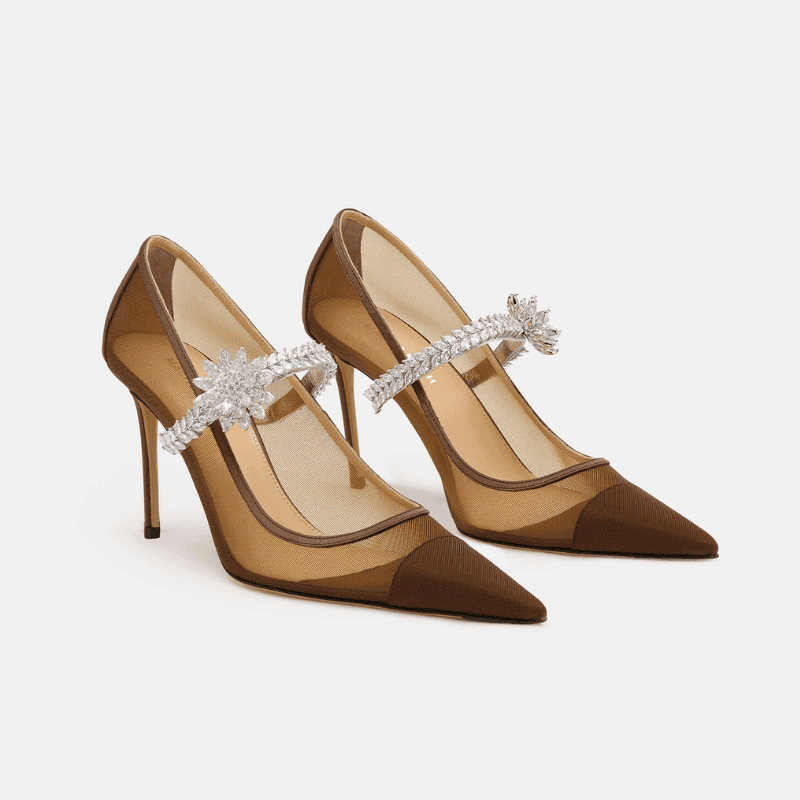 OEM Brown Mesh Crystal Flower High Heel Pumps | XINZIRAIN Factory