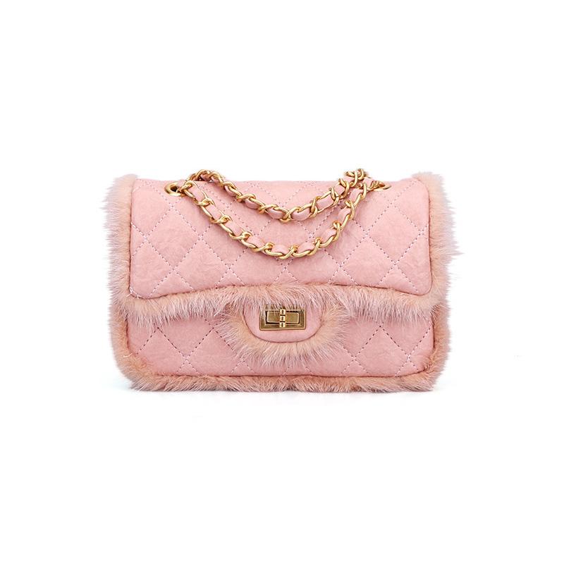 Cross body 2022 Autumn Winter PU Leather Fashion Argyle Shoulder Chain Bag Luxury Messenger Bags Crossbody with Mink Fur
