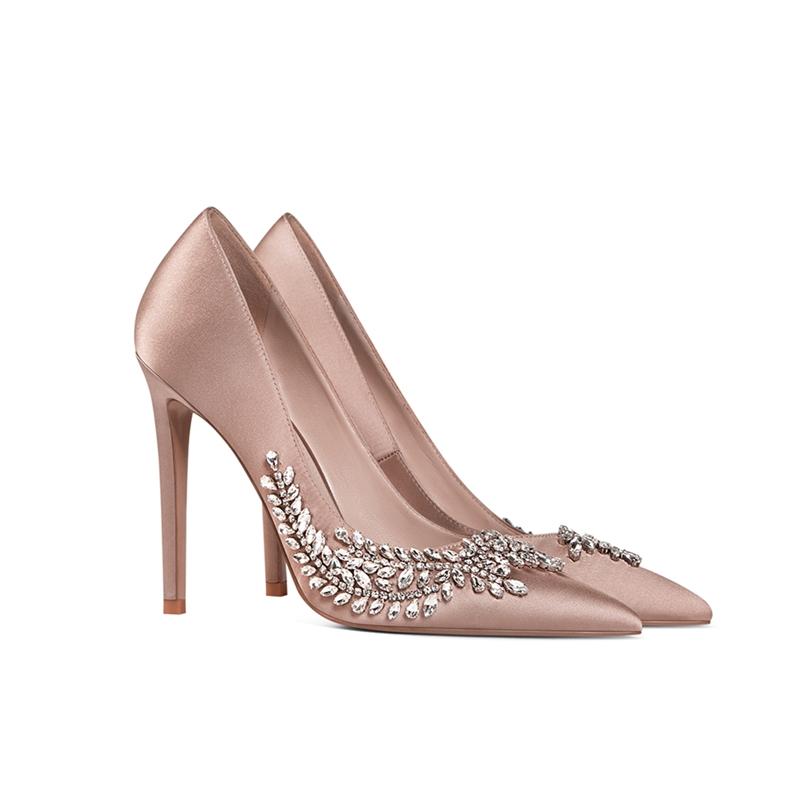 Custom logo satin high quality material fashion lady glittering rhinestone custom women high heel shoes
