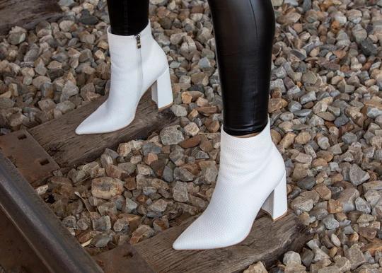 White Woven Pattern Back Zipper square Chunky Heel Ankle Boots