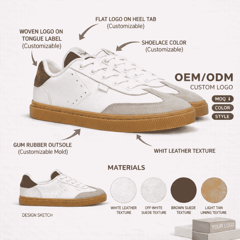 Dark Brown & White Leather Board Sneakers — OEM / ODM by XINZIRAIN