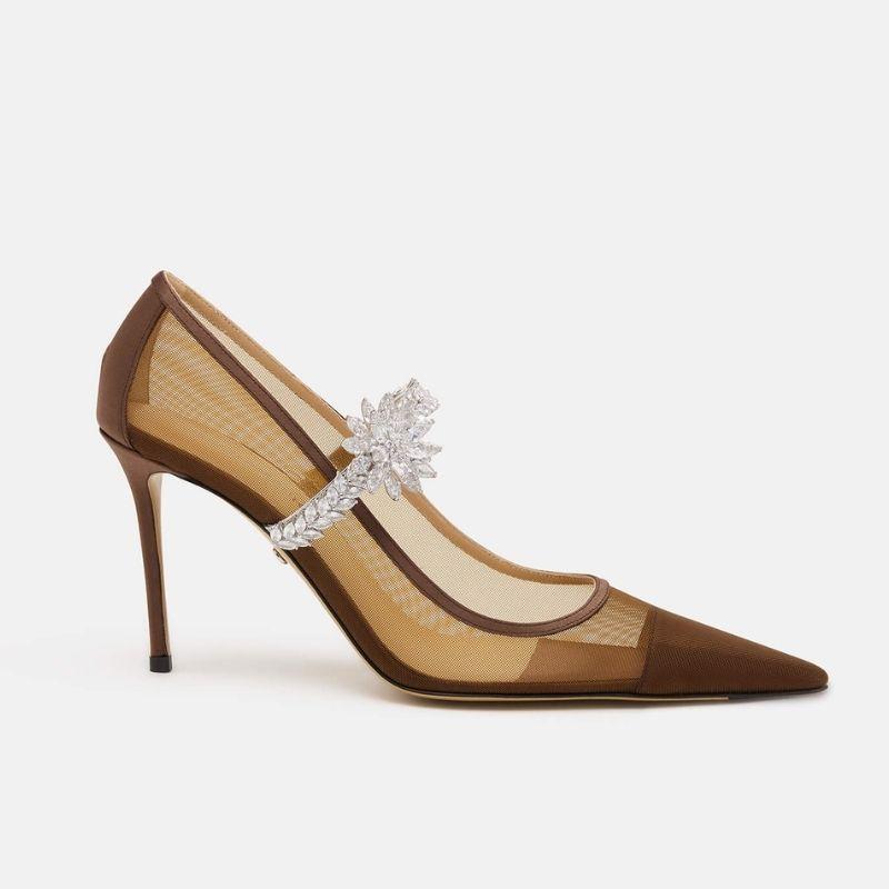 OEM Brown Mesh Crystal Flower High Heel Pumps | XINZIRAIN Factory