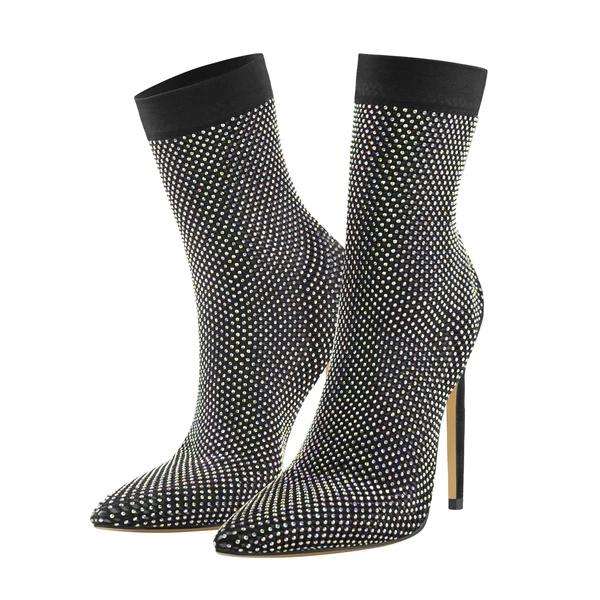 Clear Fishnet Pointed Toe Slim High Heels Rhinestone Sandals Boots Custom Rhinestone Sandals Boots