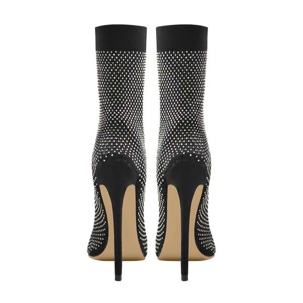 Clear Fishnet Pointed Toe Slim High Heels Rhinestone Sandals Boots Custom Rhinestone Sandals Boots