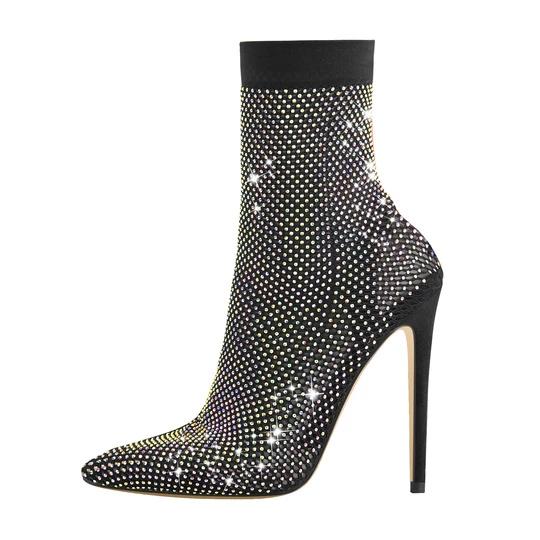Clear Fishnet Pointed Toe Slim High Heels Rhinestone Sandals Boots Custom Rhinestone Sandals Boots