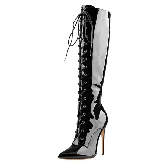 wholesale custom made Black Patent Leather Lace Up Pointed Toe Knee High Boots