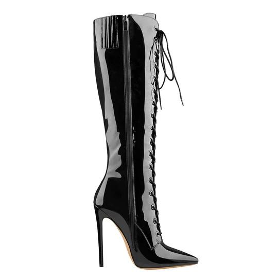 wholesale custom made Black Patent Leather Lace Up Pointed Toe Knee High Boots