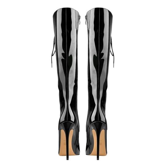 wholesale custom made Black Patent Leather Lace Up Pointed Toe Knee High Boots