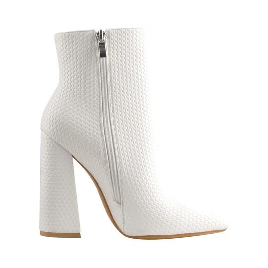 White Woven Pattern Back Zipper square Chunky Heel Ankle Boots