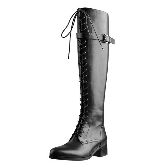Round Toe Lace Up Sturdy Heel Side Zipper black Knee High Boots