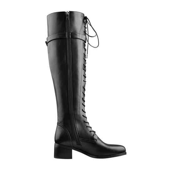 Round Toe Lace Up Sturdy Heel Side Zipper black Knee High Boots