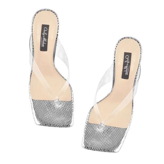 Silver Snake Print Square Toe Transparent Tapered High Heel Thong Sandals Custom Square Toe women heel sandals