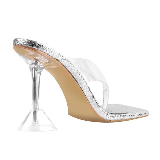 Silver Snake Print Square Toe Transparent Tapered High Heel Thong Sandals Custom Square Toe women heel sandals