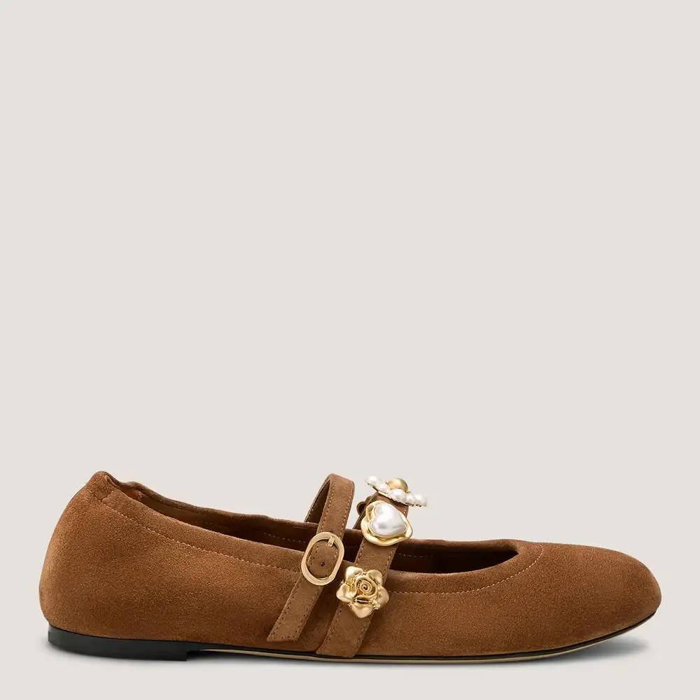 Suede Mary Jane Flats with Pearl Charm – Custom Flat Shoe Manufacturer