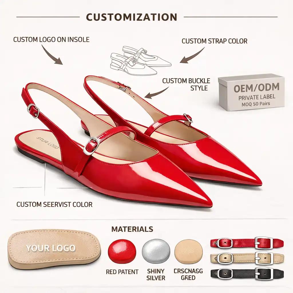 Red Patent Slingback Flats Manufacturer | Custom Pointed Flats OEM