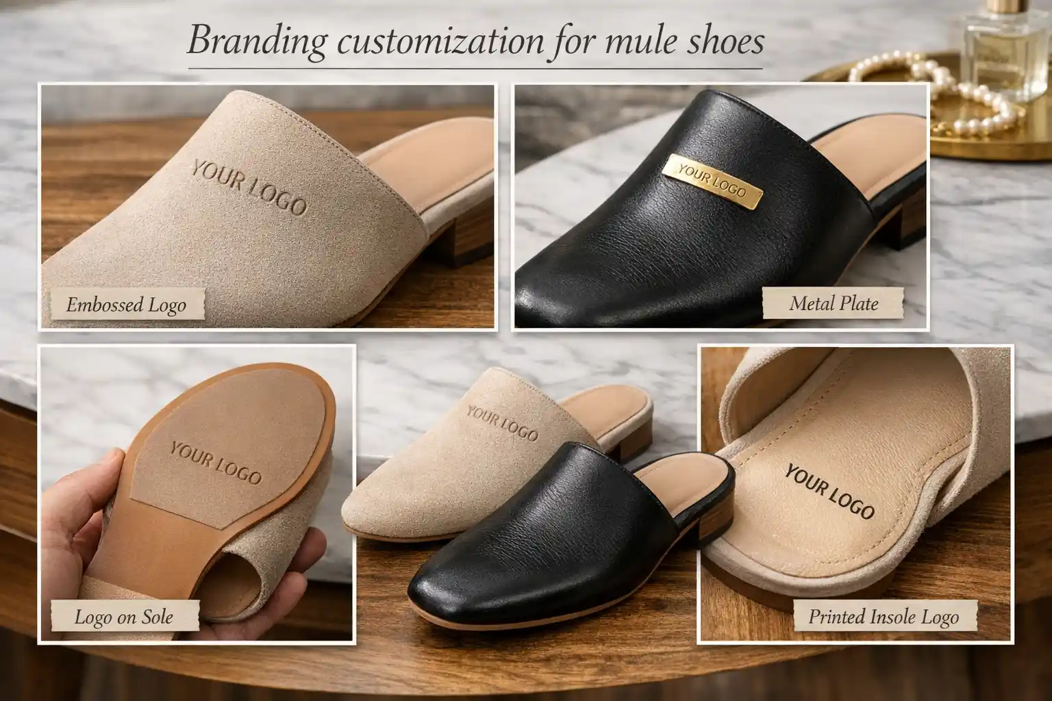 embossed logo, metal plate, printed insole logo for mule shoes