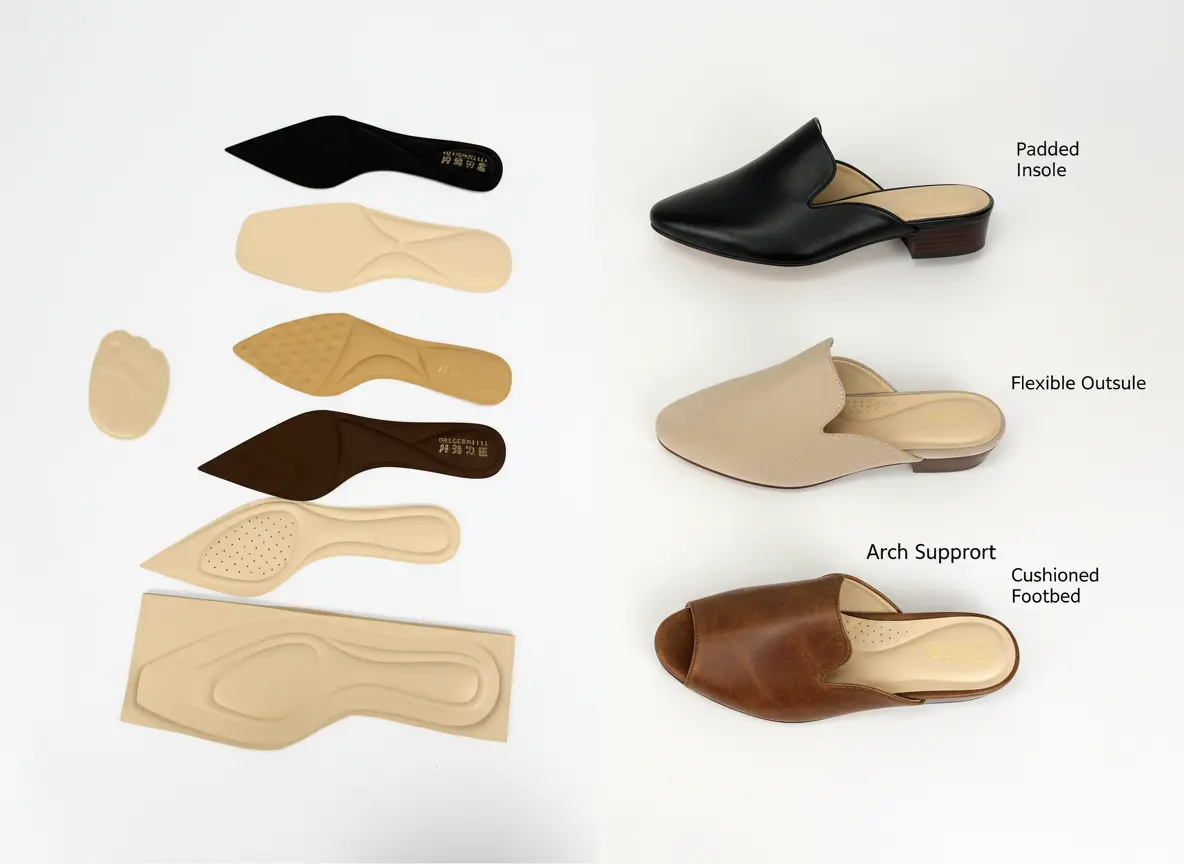 padded insole, cushioned footbed, flexible outsole for mule shoes