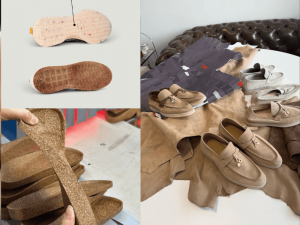 Various sustainable shoe materials including vegan leather, recycled fabrics, and rubber outsoles for custom men’s shoes.