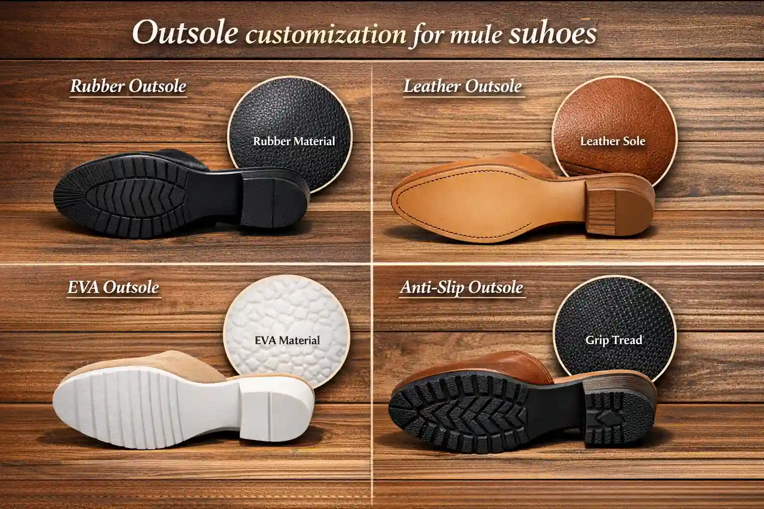 rubber, leather, EVA, anti-slip outsoles for mule shoes
