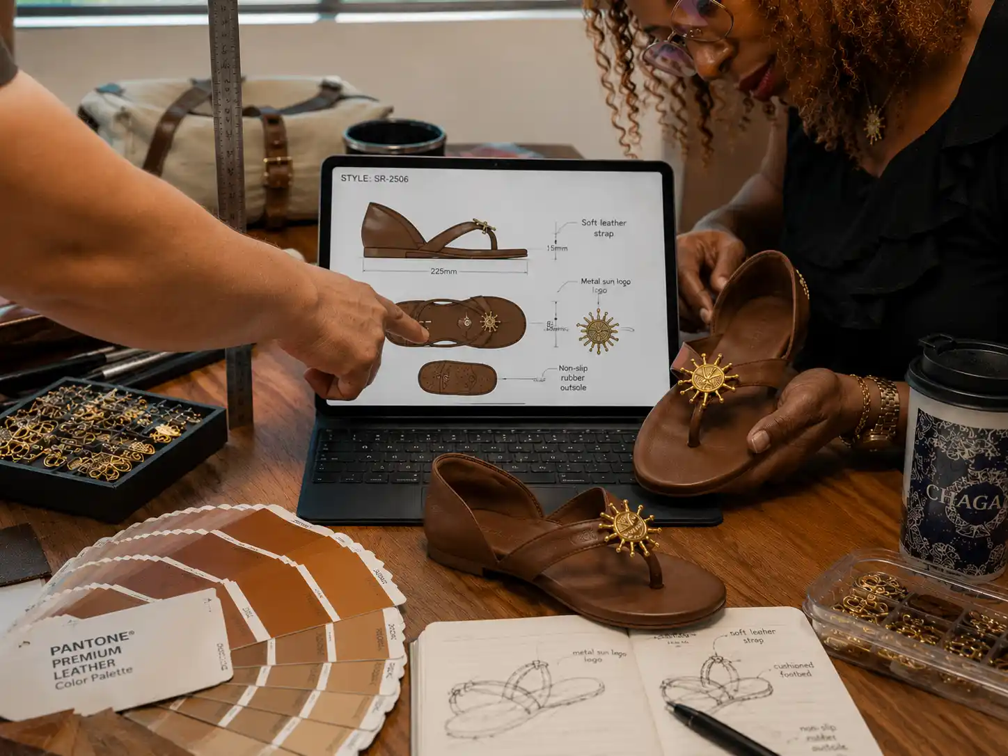 Scène réaliste de bureau en studio avec sandale en cuir marron et schéma de conception - xinzirain