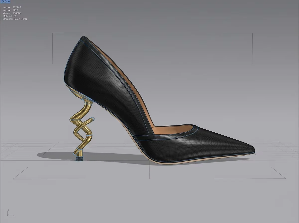 Professional 3D CAD rendering of a custom high heel for designer branding