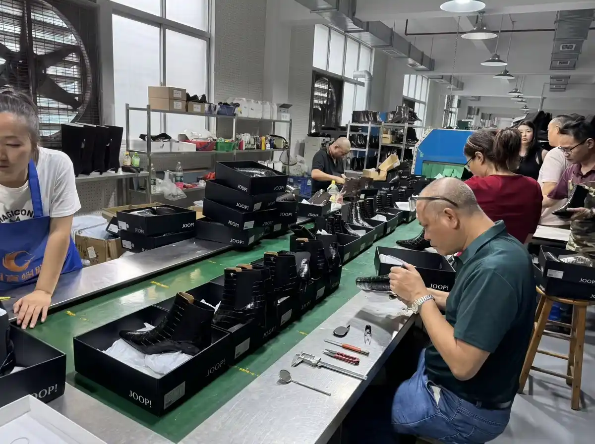 Professional production line for brand-name shoes at Xinzirain factory with focused QC process