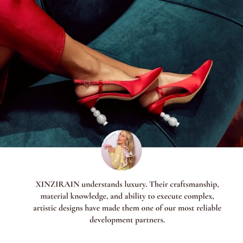 Témoignage de Sophia Webster sur les chaussures de luxe, avec des talons ornés de cristaux et un portrait de la fondatrice de la marque