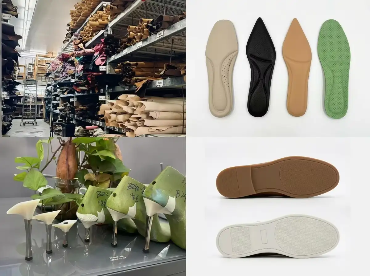 Clean tiled collage of high-end shoe materials: leather library, ergonomic insoles, custom lasts, and casual shoe outsoles